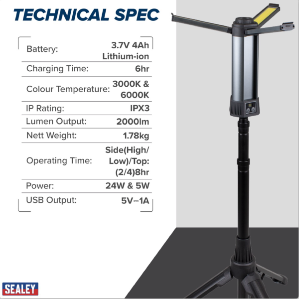 Sealey Rechargeable Flexible Floodlight with Tripod -24W COB LED & 5W SMD LED