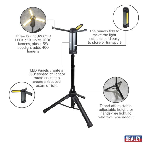Sealey Rechargeable Flexible Floodlight with Tripod -24W COB LED & 5W SMD LED